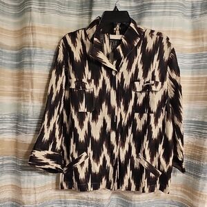 Chico’s Ikat Linen Button Up Top/Blazer Jacket /Boxy Brown/Cream